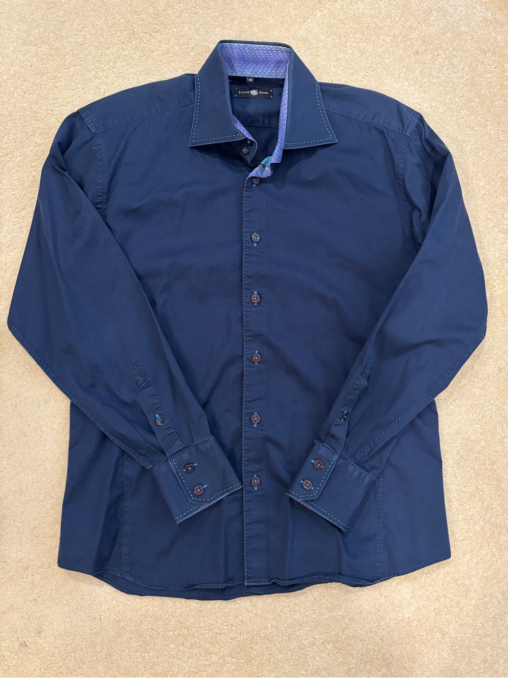 Stone Rose Navy Button Up Dress Shirt with Contrasting Inner Collar Size Large